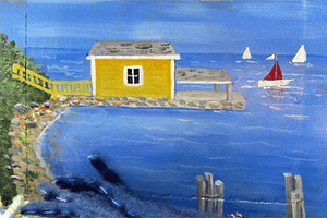 Rosslyn's boathouse adorning a wooden box (Artwork by Mary Wade) Rosslyn's boathouse adorning a wooden box (Artwork by Mary Wade)