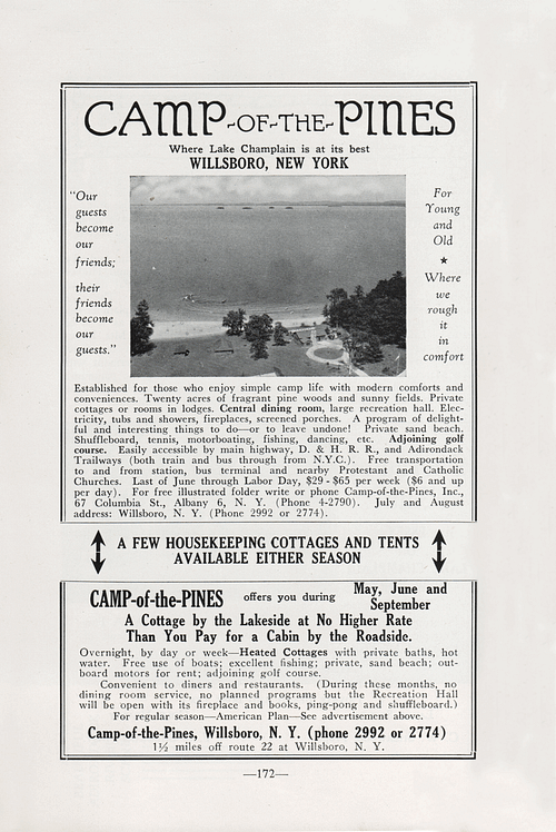 Camp-of-the-Pines advertisement from 1949 Adirondack Guide. (Source: Adirondack Guide via David Brayden) Camp-of-the-Pines advertisement from 1949 Adirondack Guide. (Source: Adirondack Guide via David Brayden)