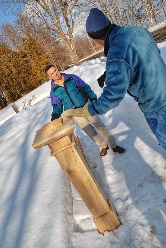 Stephen Maselli and Geo Davis with Fence Prototype, February 15, 2008 (Photo: Susan Bacot-Davis.)