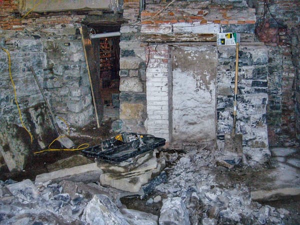 East Elevation with Plaster Parging (White) from Cistern, December 29, 2006 (Photo: Geo Davis)