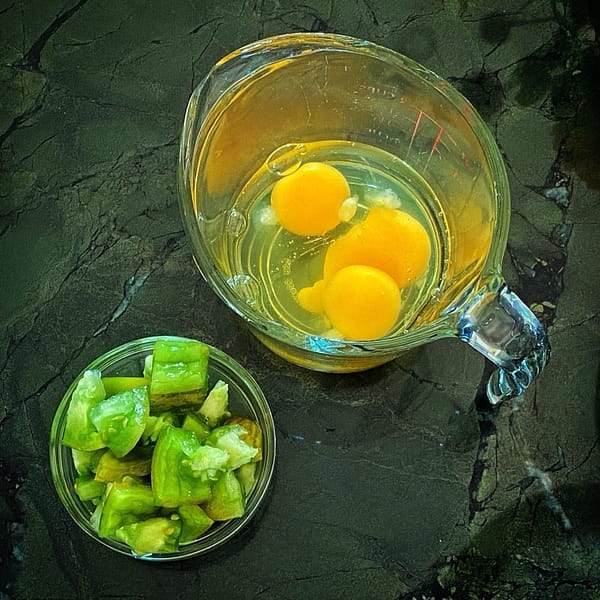Chopped Green Zebra Tomato and Fresh Eggs (Photo: Geo Davis)