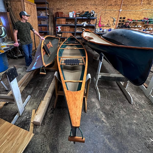 Justin showing custom canoe rehabilitation, January 7, 2025 (Photo: Geo Davis)