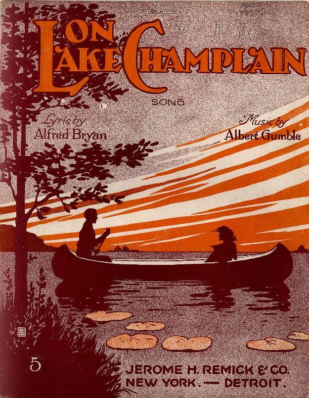 Color lithograph of cover for sheet music of "On Lake Champlain" by Alfred Bryan and Albert Gumble.